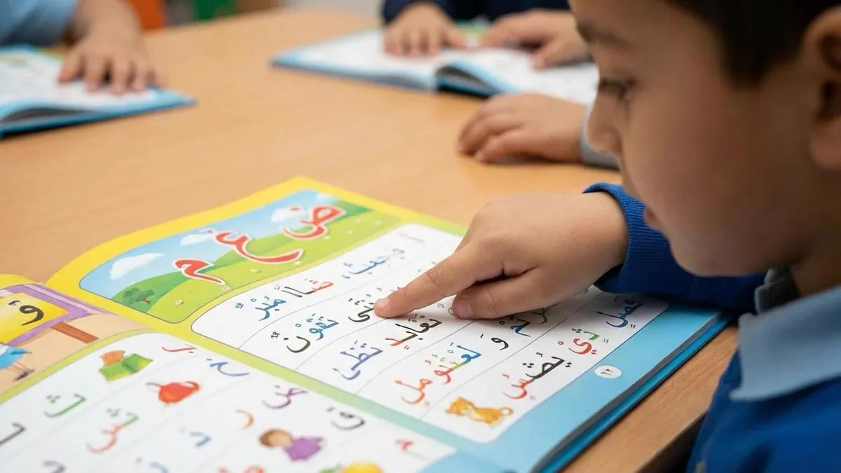 Child following Arabic letters with a finger in a colourful learning book